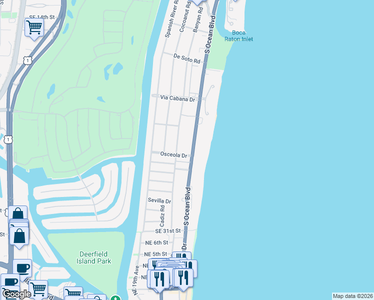 map of restaurants, bars, coffee shops, grocery stores, and more near 10 Osceola Drive in Boca Raton