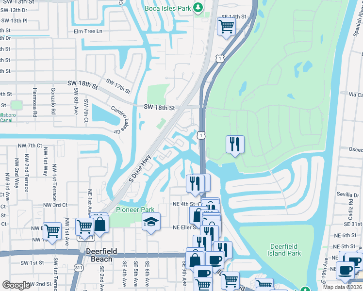 map of restaurants, bars, coffee shops, grocery stores, and more near 549 Northeast 8th Avenue in Deerfield Beach