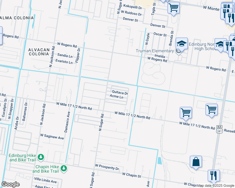 map of restaurants, bars, coffee shops, grocery stores, and more near 1316 Acme Lane in Edinburg