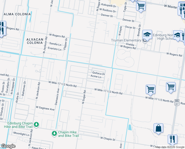 map of restaurants, bars, coffee shops, grocery stores, and more near 1507 Acme Lane in Edinburg