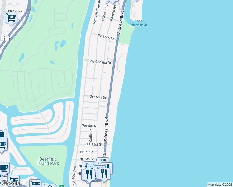 map of restaurants, bars, coffee shops, grocery stores, and more near 2500 South Ocean Boulevard in Boca Raton