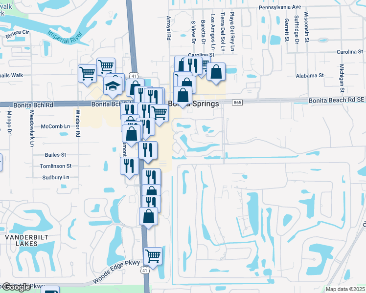 map of restaurants, bars, coffee shops, grocery stores, and more near 9748 Treasure Cay Lane in Bonita Springs
