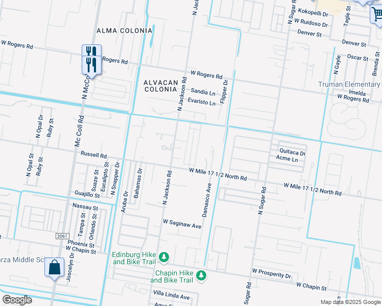 map of restaurants, bars, coffee shops, grocery stores, and more near 2321 Mojave Street in Edinburg