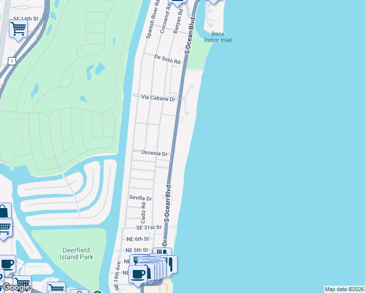 map of restaurants, bars, coffee shops, grocery stores, and more near 2000 South Ocean Boulevard in Boca Raton