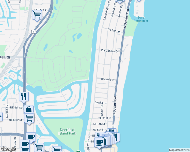 map of restaurants, bars, coffee shops, grocery stores, and more near 2221 Spanish River Road in Boca Raton