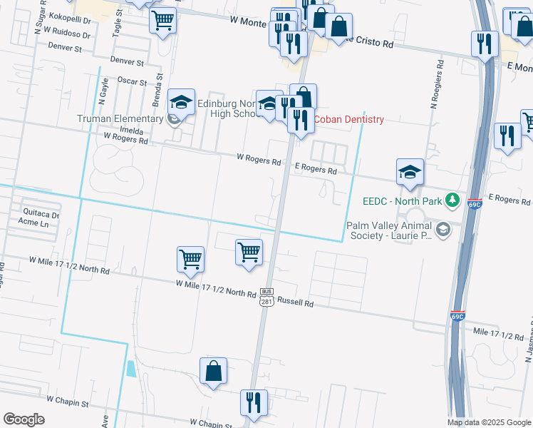 map of restaurants, bars, coffee shops, grocery stores, and more near 2521 North Closner Boulevard in Edinburg