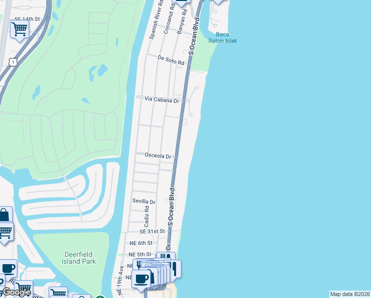 map of restaurants, bars, coffee shops, grocery stores, and more near 2494 South Ocean Boulevard in Boca Raton