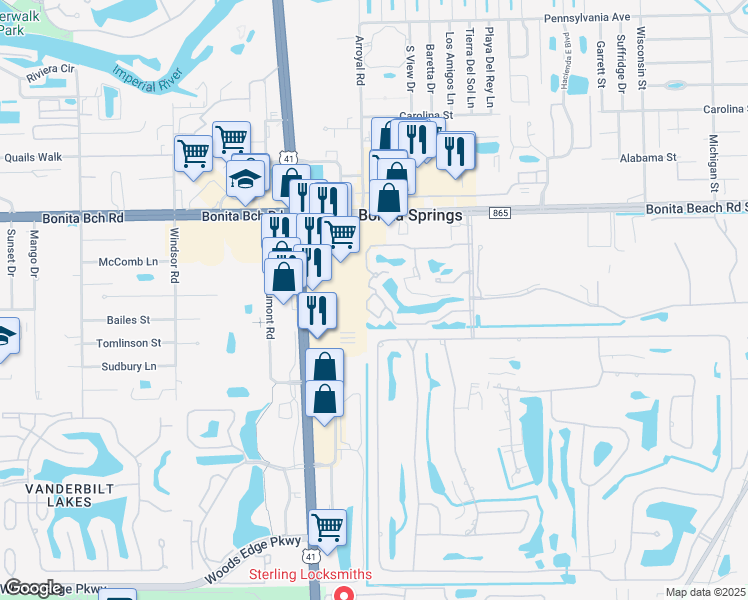 map of restaurants, bars, coffee shops, grocery stores, and more near 9050 Las Maderas Drive in Bonita Springs