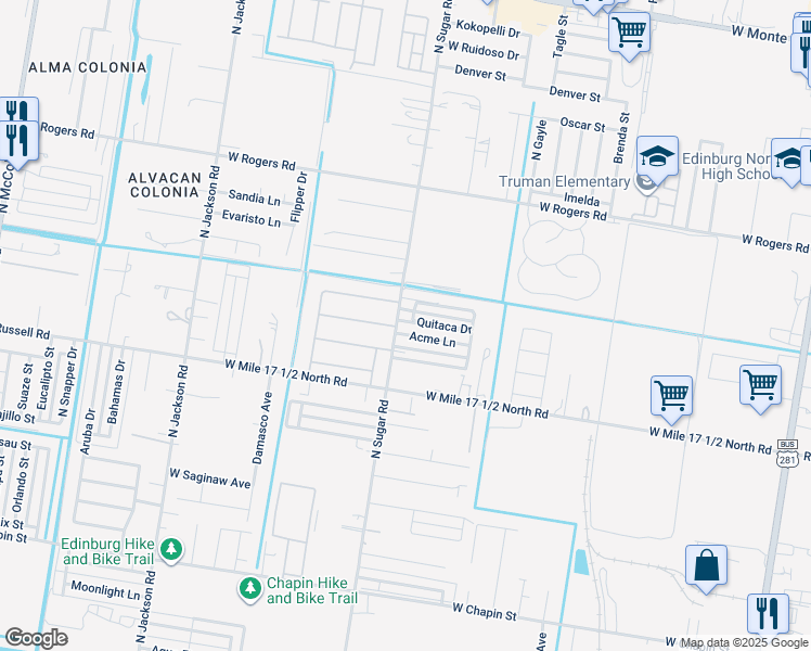 map of restaurants, bars, coffee shops, grocery stores, and more near 1519 Quitaca Drive in Edinburg