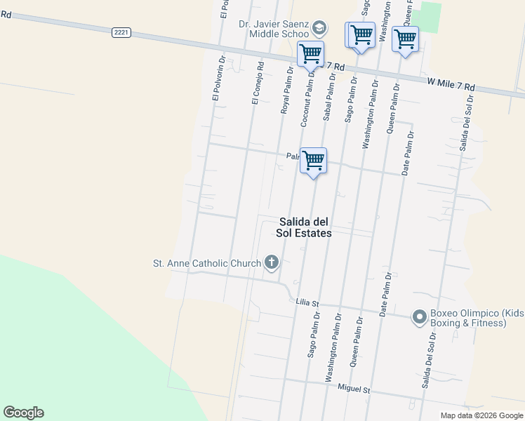 map of restaurants, bars, coffee shops, grocery stores, and more near 17405 Royal Palm Drive in Penitas