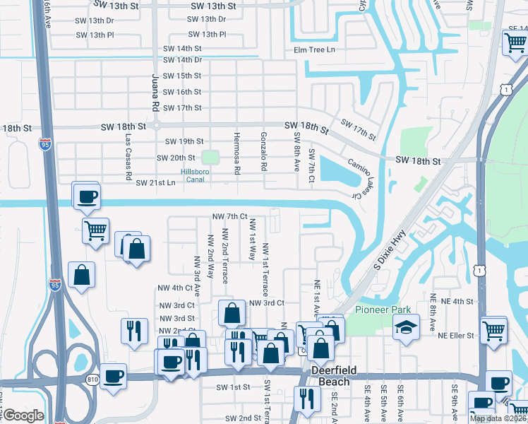 map of restaurants, bars, coffee shops, grocery stores, and more near 113 Northwest 7th Court in Deerfield Beach
