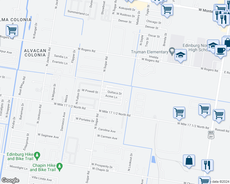 map of restaurants, bars, coffee shops, grocery stores, and more near 1413 Quitaca Drive in Edinburg