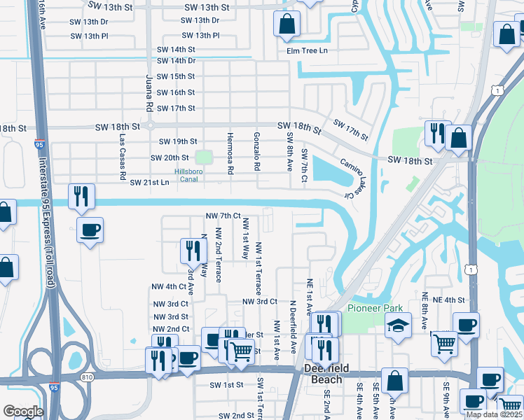 map of restaurants, bars, coffee shops, grocery stores, and more near 101 Northwest 1st Avenue in Deerfield Beach
