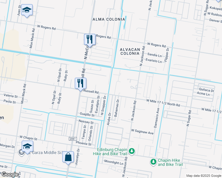 map of restaurants, bars, coffee shops, grocery stores, and more near 2525 West Mile 17 1/2 Road in Edinburg