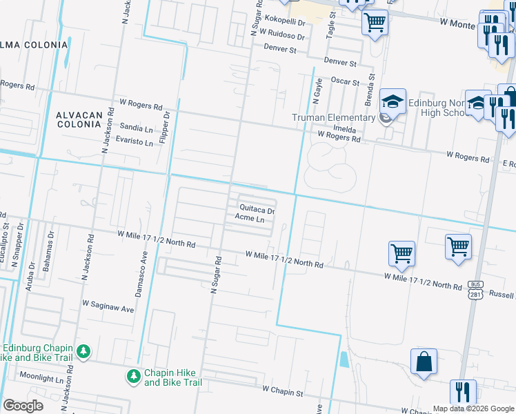 map of restaurants, bars, coffee shops, grocery stores, and more near 1410 Quitaca Drive in Edinburg