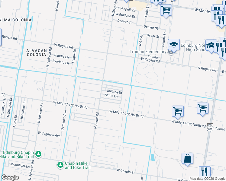 map of restaurants, bars, coffee shops, grocery stores, and more near 1416 Quitaca Drive in Edinburg