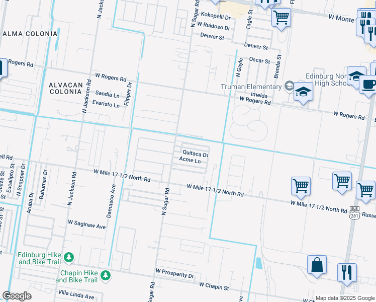 map of restaurants, bars, coffee shops, grocery stores, and more near 1519 Quitaca Drive in Edinburg