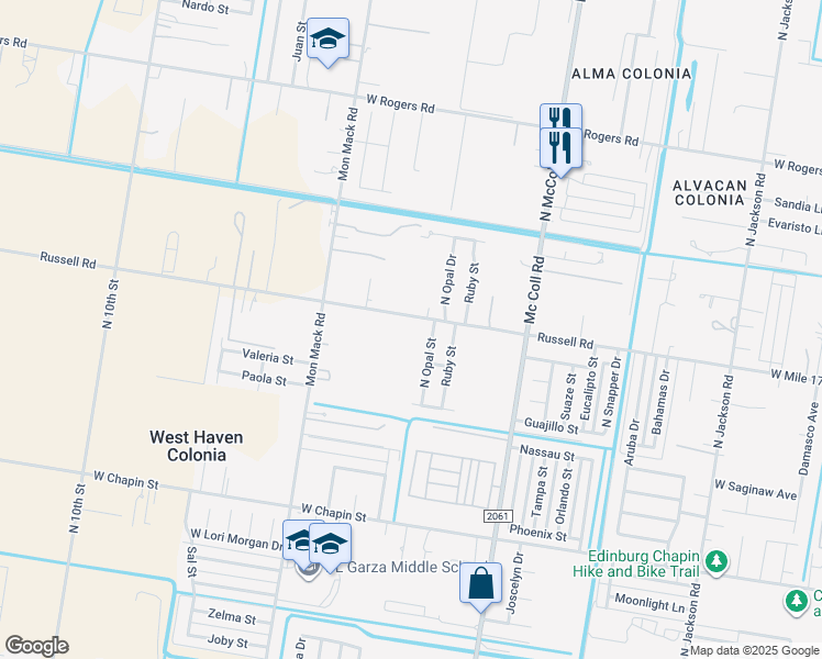 map of restaurants, bars, coffee shops, grocery stores, and more near 3319 West Mile 17 1/2 Road in Edinburg