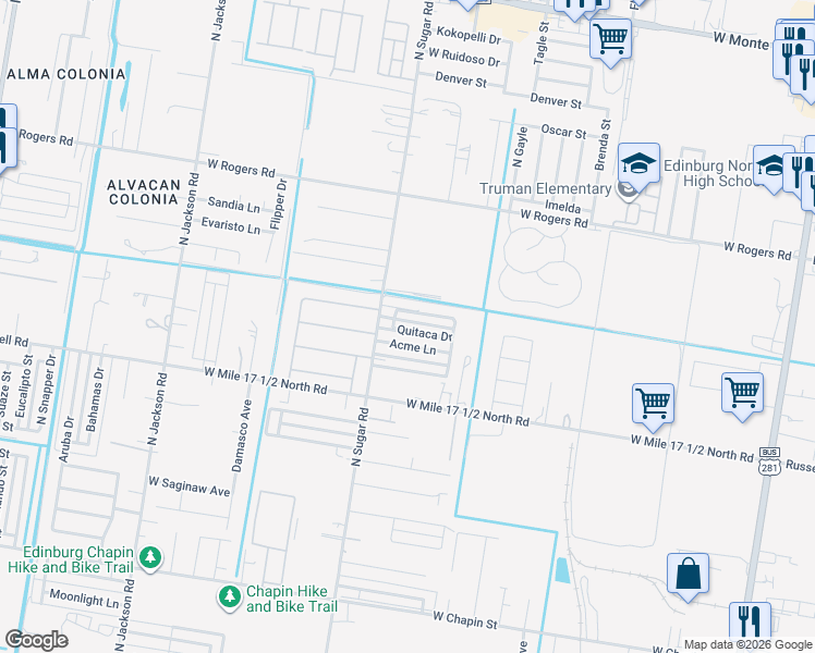 map of restaurants, bars, coffee shops, grocery stores, and more near 1502 Quitaca Drive in Edinburg