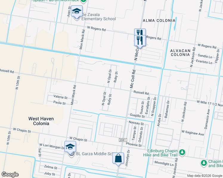 map of restaurants, bars, coffee shops, grocery stores, and more near 2211 North Ruby Street in Edinburg