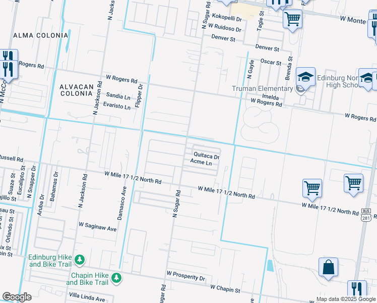 map of restaurants, bars, coffee shops, grocery stores, and more near 1519 Quitaca Drive in Edinburg