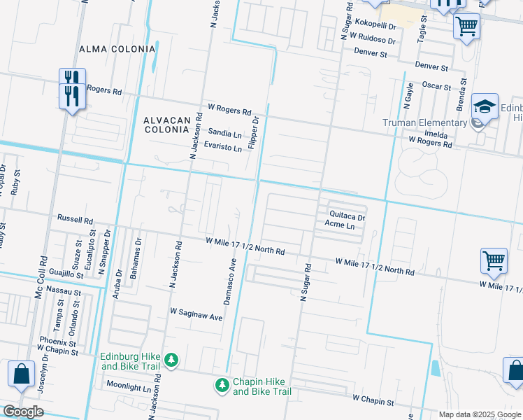 map of restaurants, bars, coffee shops, grocery stores, and more near 1817 West Mile 17 1/2 North Road in Edinburg
