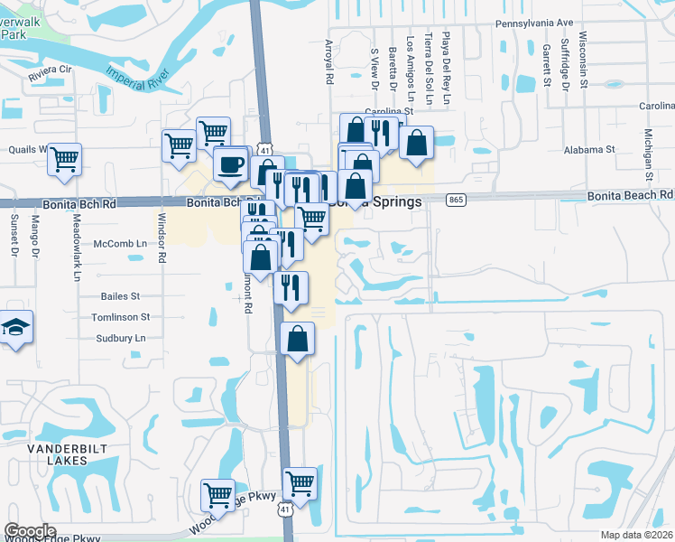 map of restaurants, bars, coffee shops, grocery stores, and more near 9051 Las Maderas Drive in Bonita Springs
