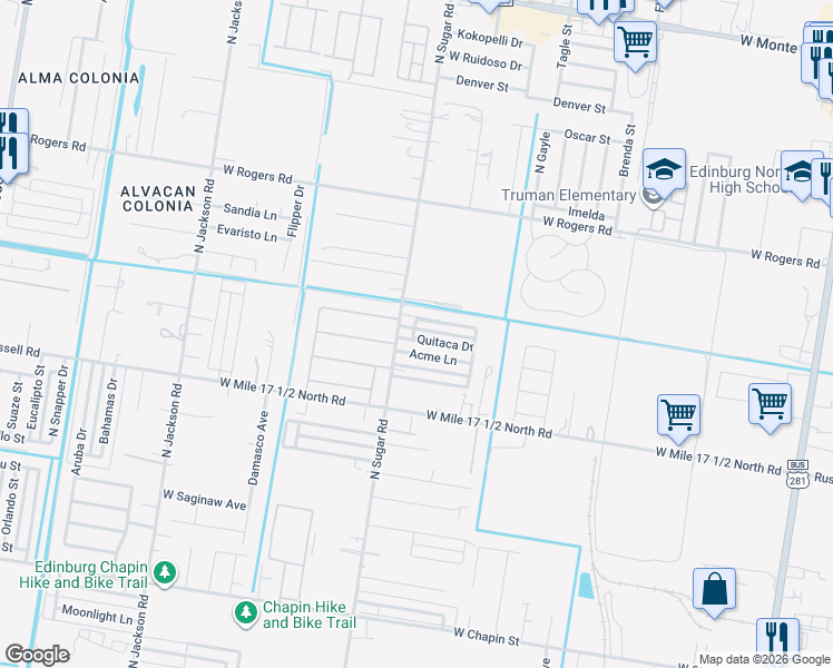 map of restaurants, bars, coffee shops, grocery stores, and more near 1519 Quitaca Drive in Edinburg