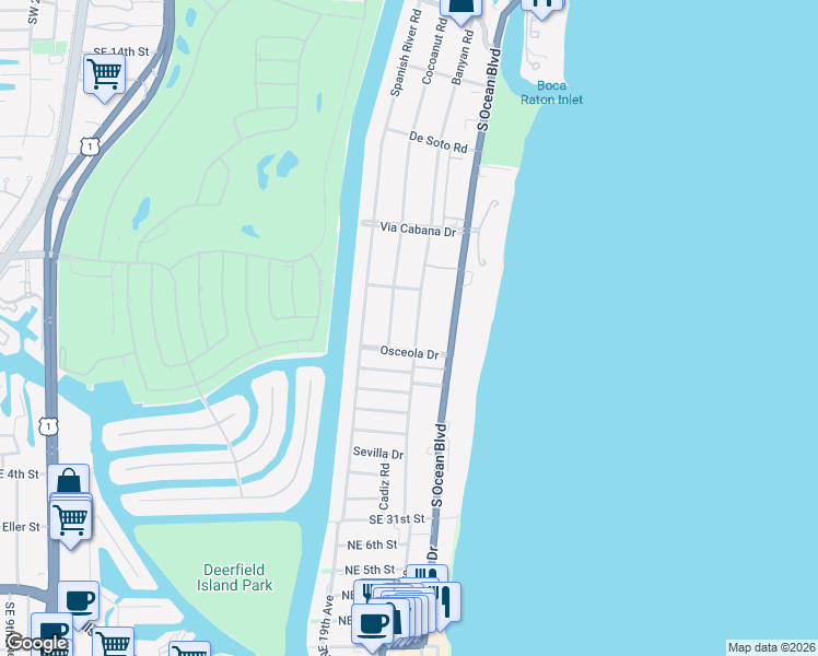 map of restaurants, bars, coffee shops, grocery stores, and more near 2201 Cocoanut Road in Boca Raton