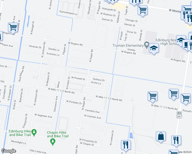 map of restaurants, bars, coffee shops, grocery stores, and more near 1413 Quitaca Drive in Edinburg