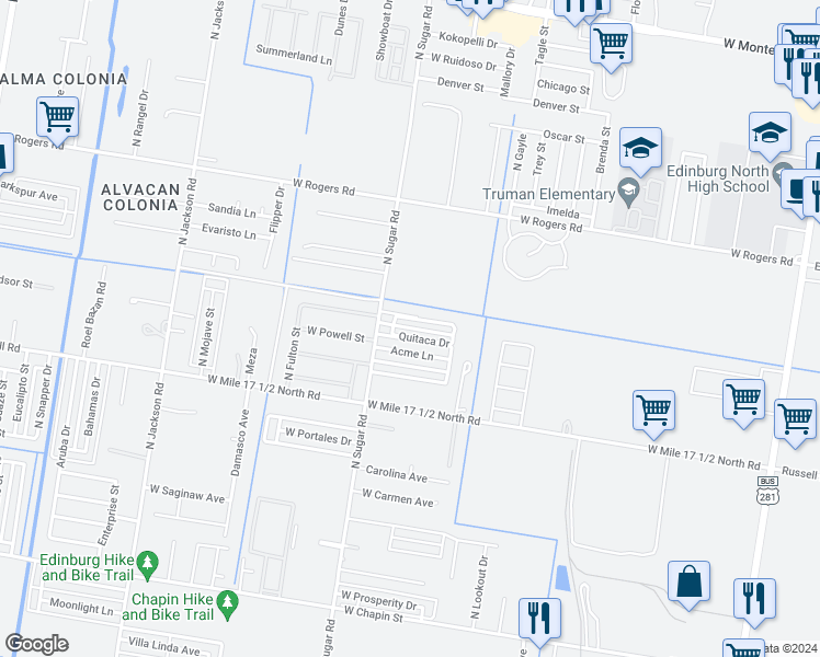 map of restaurants, bars, coffee shops, grocery stores, and more near 1519 Quitaca Drive in Edinburg