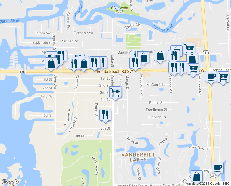 map of restaurants, bars, coffee shops, grocery stores, and more near 28197 Vanderbilt Drive in Bonita Springs