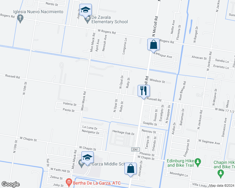 map of restaurants, bars, coffee shops, grocery stores, and more near 2213 North Opal Street in Edinburg