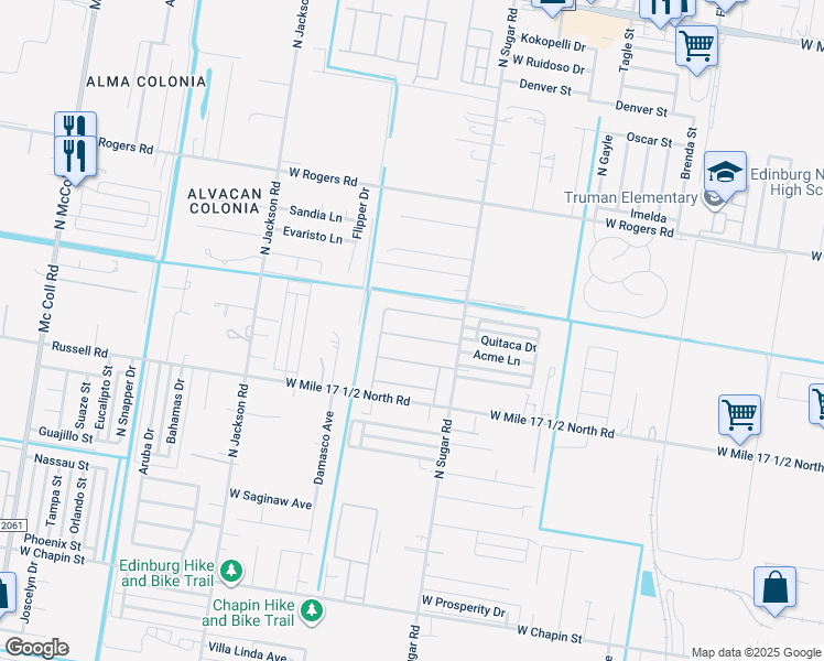 map of restaurants, bars, coffee shops, grocery stores, and more near 2551 North Sugar Road in Edinburg