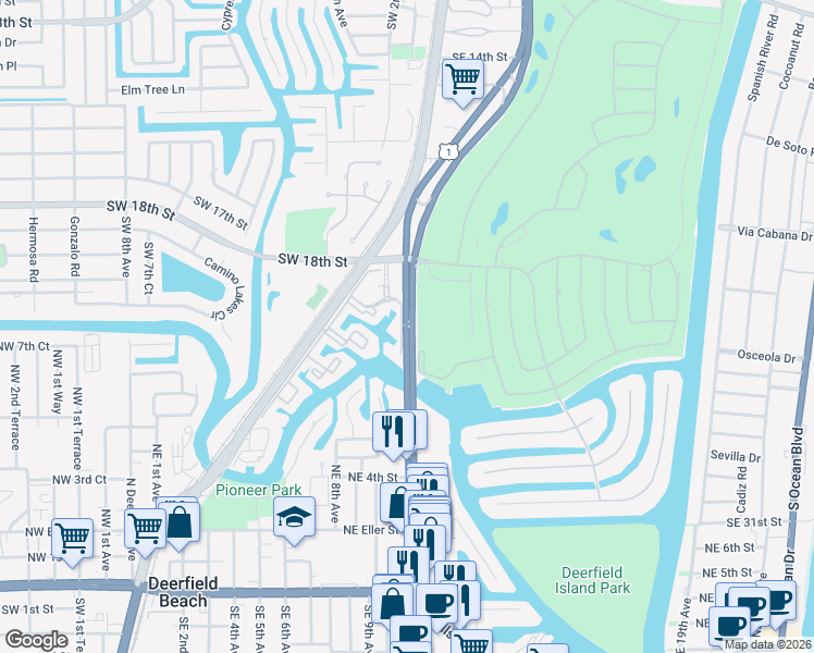 map of restaurants, bars, coffee shops, grocery stores, and more near 609 South Federal Highway in Boca Raton