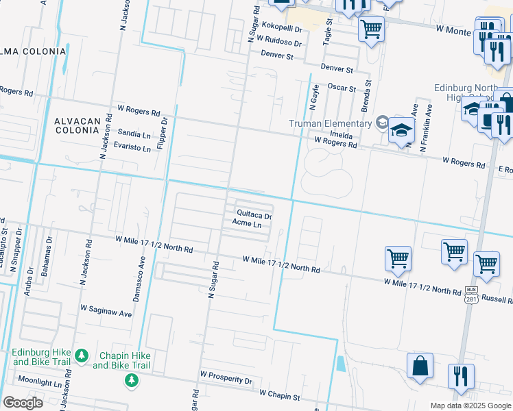 map of restaurants, bars, coffee shops, grocery stores, and more near 1413 Quitaca Drive in Edinburg