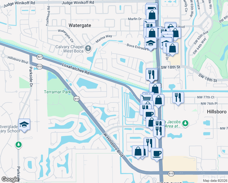 map of restaurants, bars, coffee shops, grocery stores, and more near 7867 Northwest 62nd Terrace in Parkland