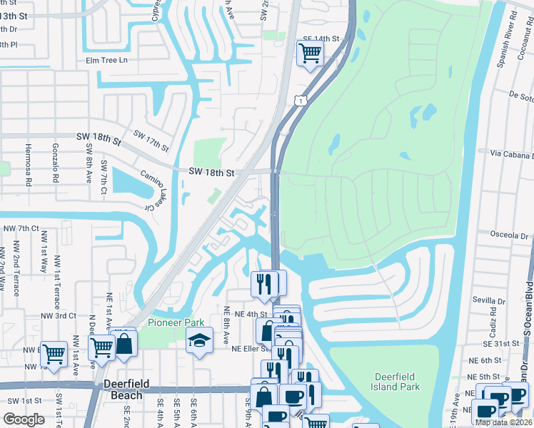 map of restaurants, bars, coffee shops, grocery stores, and more near 609 South Federal Highway in Boca Raton