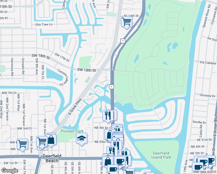 map of restaurants, bars, coffee shops, grocery stores, and more near 609 South Federal Highway in Boca Raton