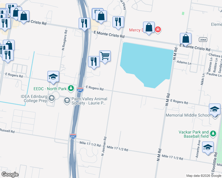 map of restaurants, bars, coffee shops, grocery stores, and more near 1607 East Rogers Road in Edinburg