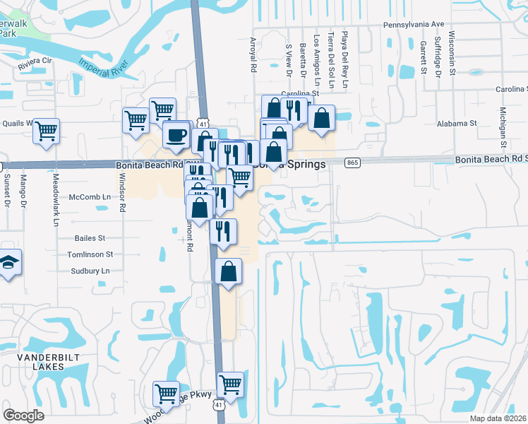 map of restaurants, bars, coffee shops, grocery stores, and more near 8981 Palmas Grandes Boulevard in Bonita Springs