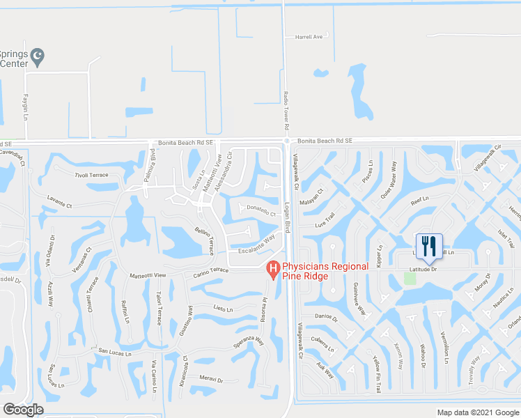 map of restaurants, bars, coffee shops, grocery stores, and more near 14820 Donatello Court in Bonita Springs