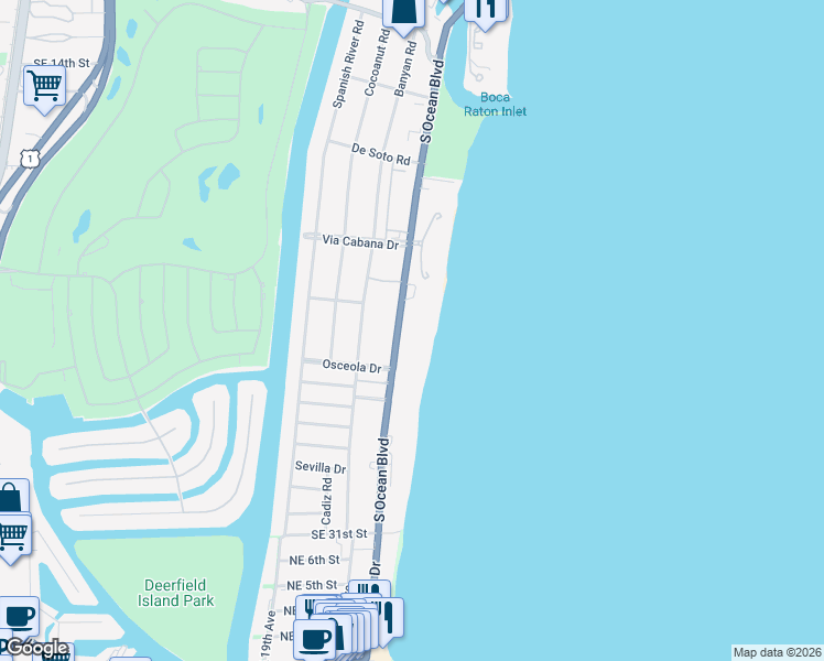 map of restaurants, bars, coffee shops, grocery stores, and more near 2000 South Ocean Boulevard in Boca Raton