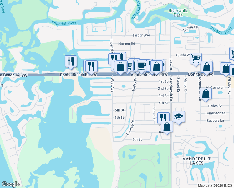 map of restaurants, bars, coffee shops, grocery stores, and more near 191 3rd Street in Bonita Springs