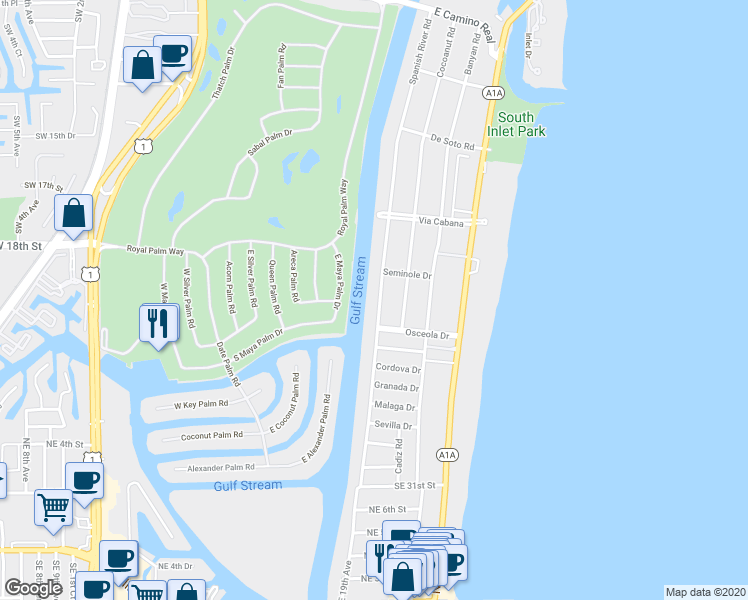 map of restaurants, bars, coffee shops, grocery stores, and more near 2221 Spanish River Road in Boca Raton