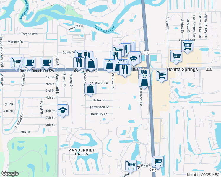 map of restaurants, bars, coffee shops, grocery stores, and more near 28160 Windsor Road in Bonita Springs