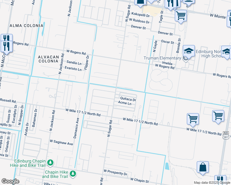 map of restaurants, bars, coffee shops, grocery stores, and more near 1519 Quitaca Drive in Edinburg
