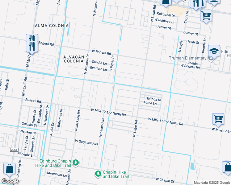 map of restaurants, bars, coffee shops, grocery stores, and more near 1817 West Mile 17 1/2 North Road in Edinburg