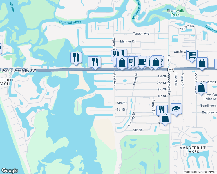 map of restaurants, bars, coffee shops, grocery stores, and more near 222 2nd St in Bonita Springs