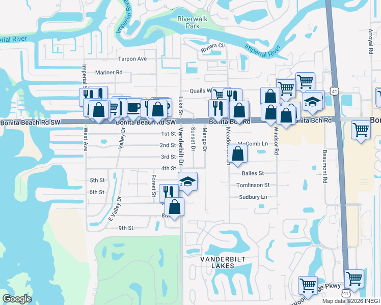 map of restaurants, bars, coffee shops, grocery stores, and more near 28197 Vanderbilt Drive in Bonita Springs